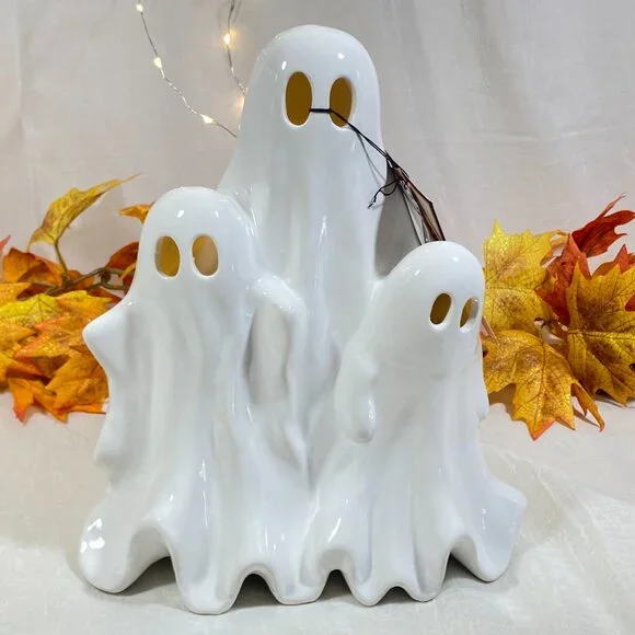 Hallow Home Ceramic Led Light Up Spooky Ghost Trio Halloween Decor 11" New - Picture 3 of 7